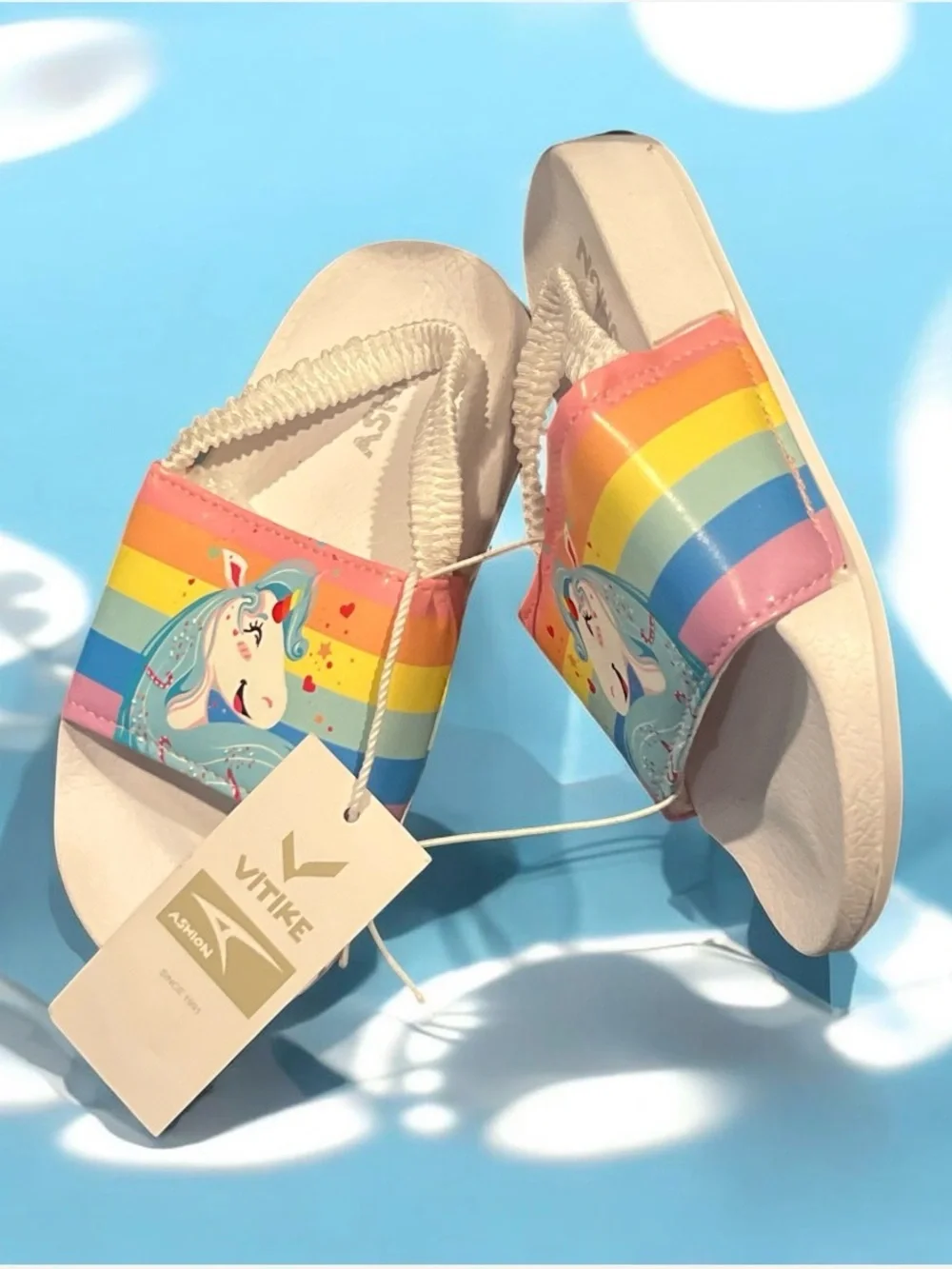 Kids Unicorn Rainbow Slide Sandals - White and Pastel